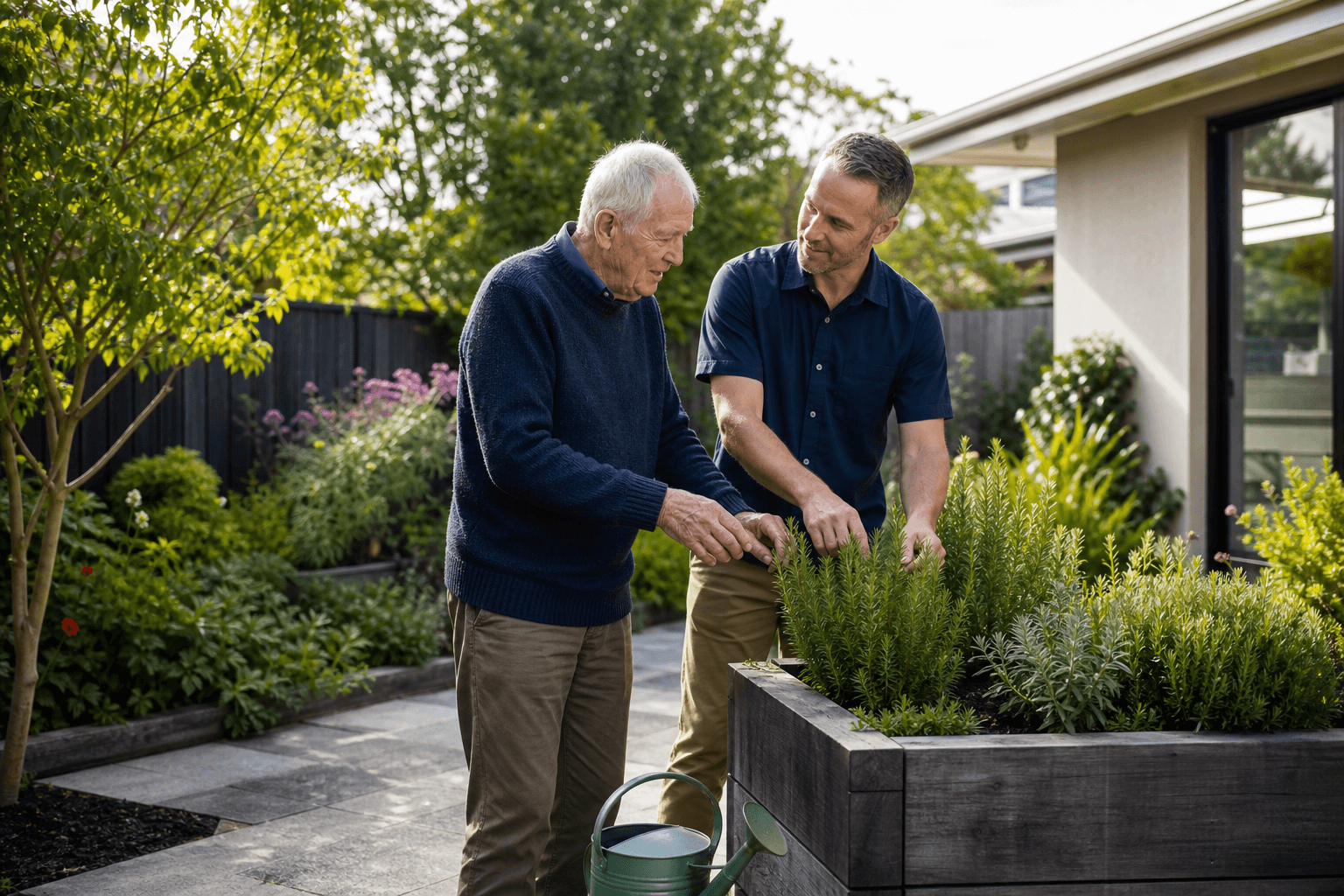 An older man and support worker tending a home garden together