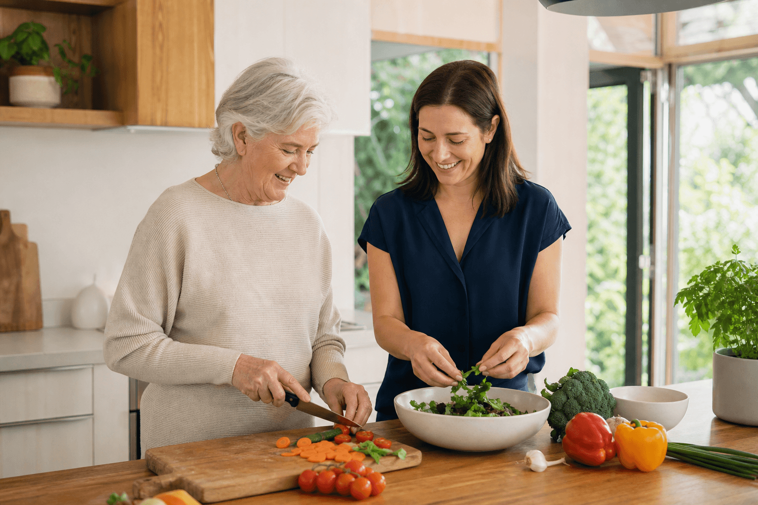 An older woman and care worker preparing a fresh meal together