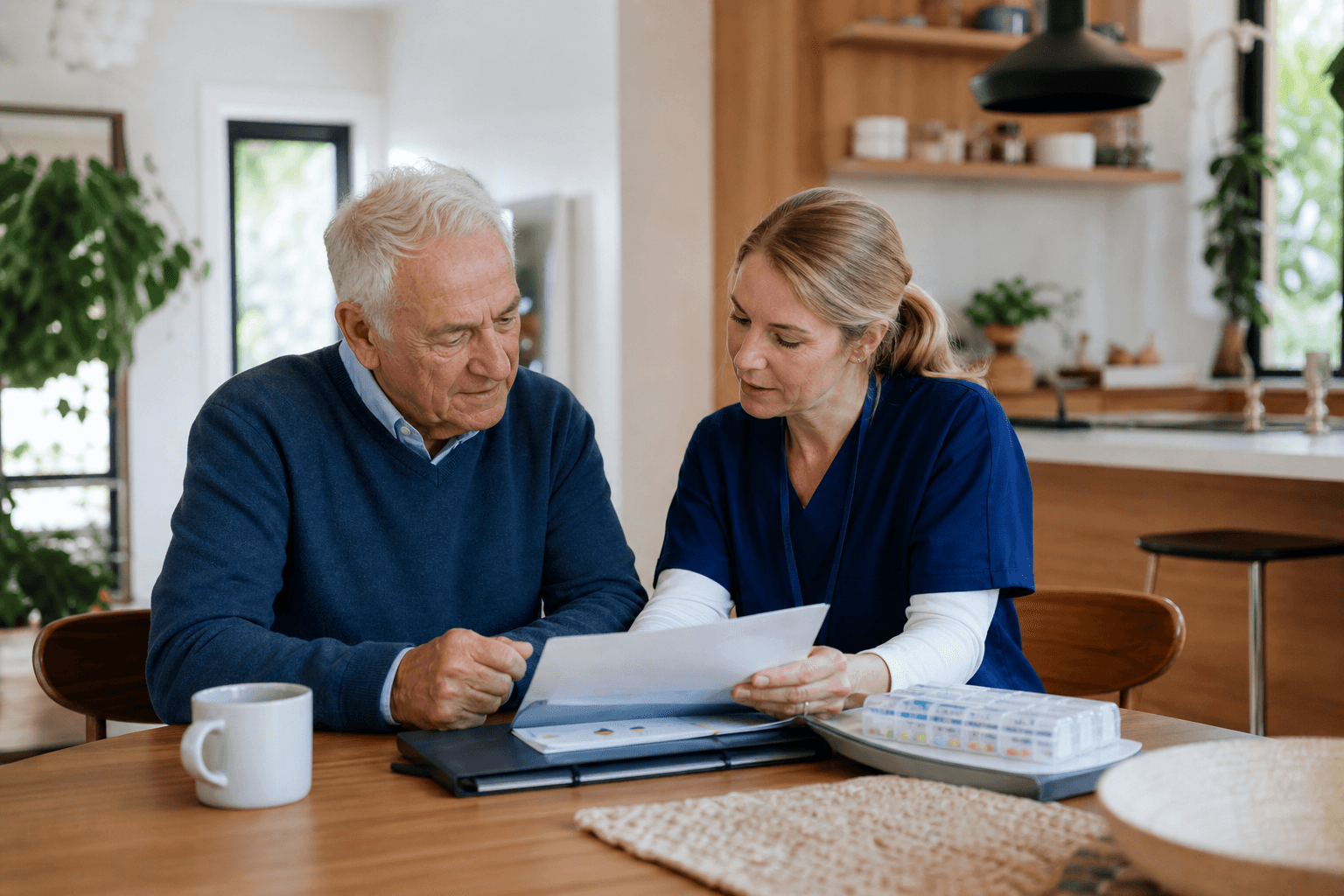 A nurse reviewing a care plan with an older man at home