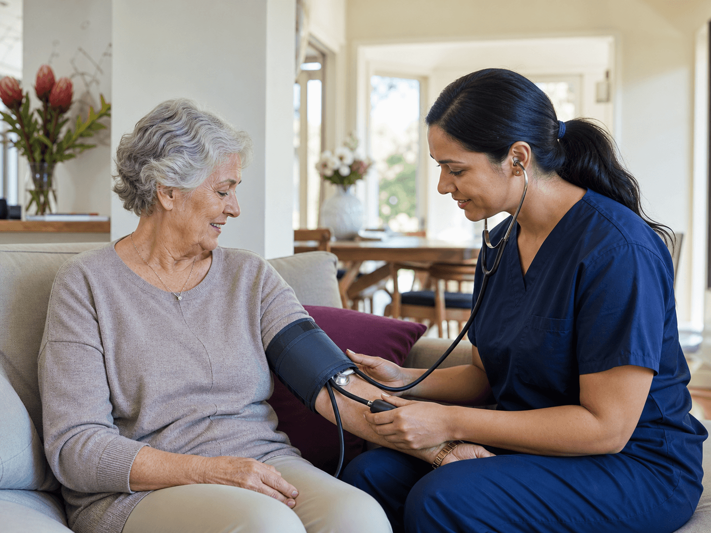 A community nurse checking an older woman’s blood pressure at home