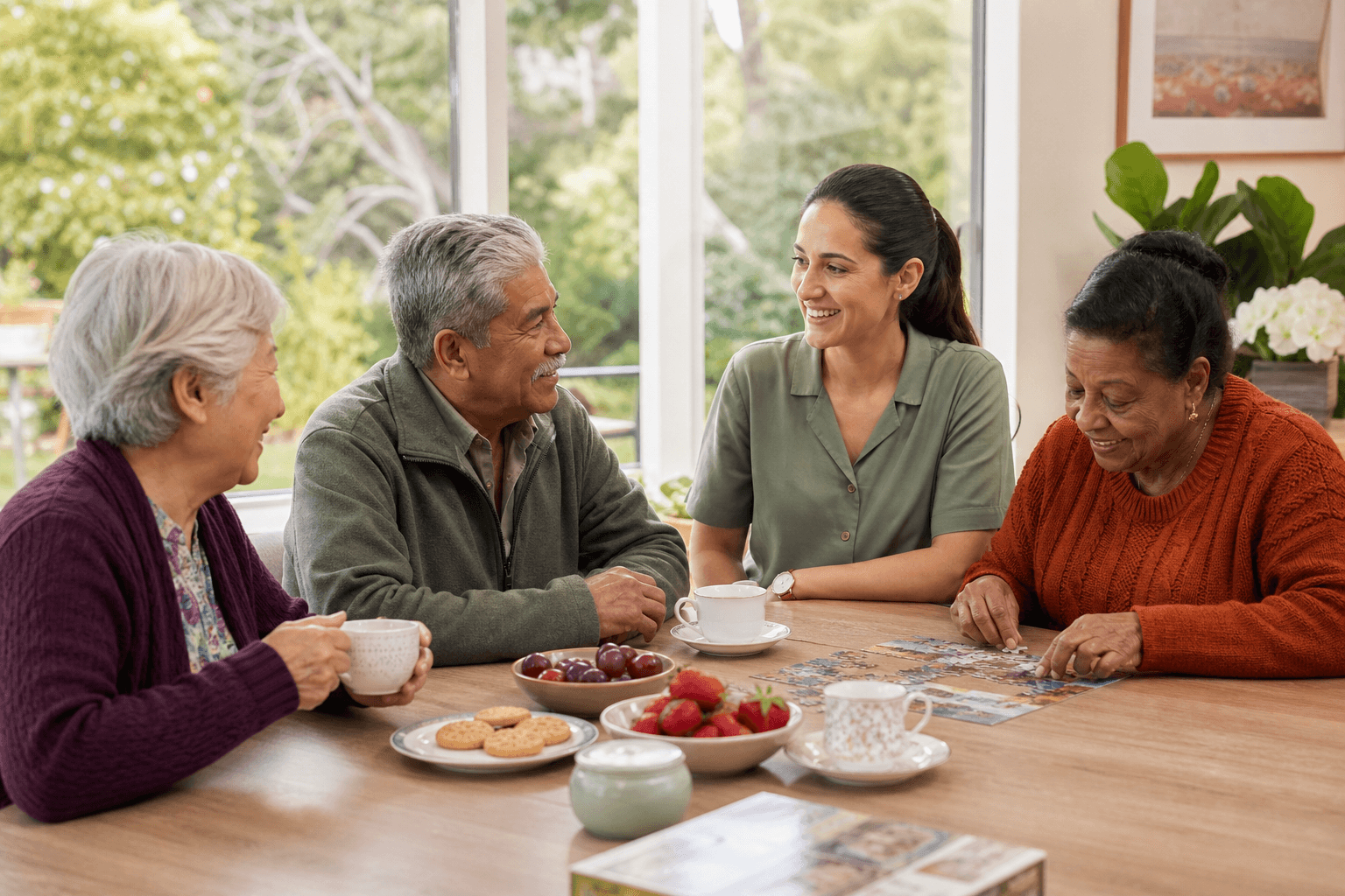 Older adults and a care worker spending time together in the community